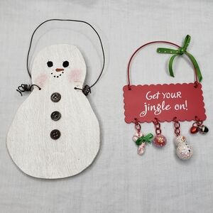 Hallmark Jingle Christmas Ornament And Handmade Wood Snowman Hanger